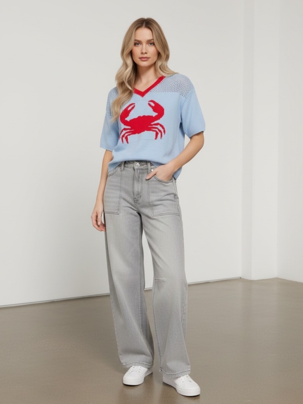 Light Blue Crab Intarsia V-Neck Knit Top - Picture 2 of 8